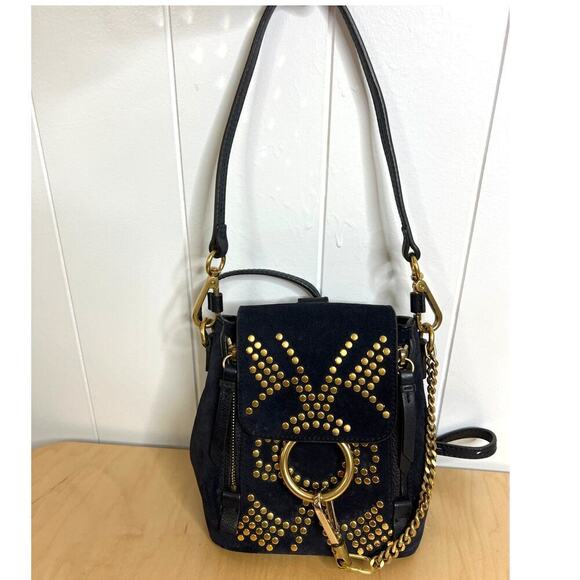 Chloe Rare Navy Blue Suede Gold Studded Faye Mini Backpack/Shoulder Bag - Picture 2 of 11